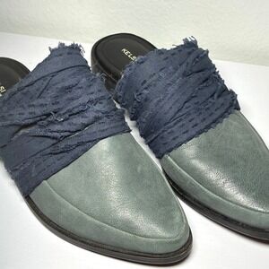 Kelsi Dagger Brooklyn Alder Blue Leather Mules Flat Slide Fabric Shoes Womens 7